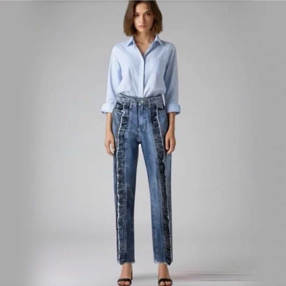Carmar Two-Tone Light Blue Straight Leg Jeans with Frayed Trim - Picture 2 of 13